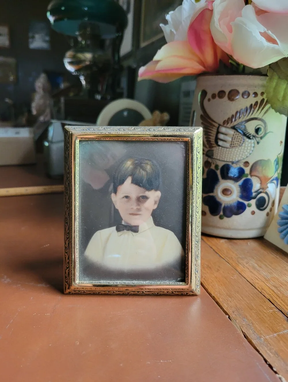 Vintage Gold Tone Metal Frame With Vintage Photo Of Boy 4.25x3.75